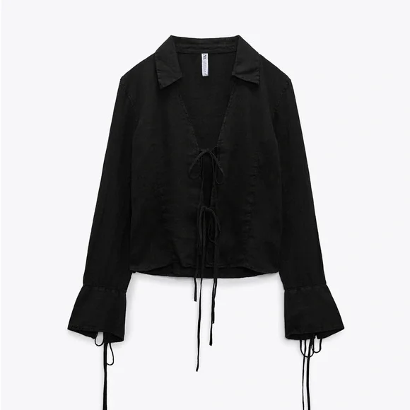 NEW🖤 100% Linen Black Tie-Front Blouse - Picture 3 of 4